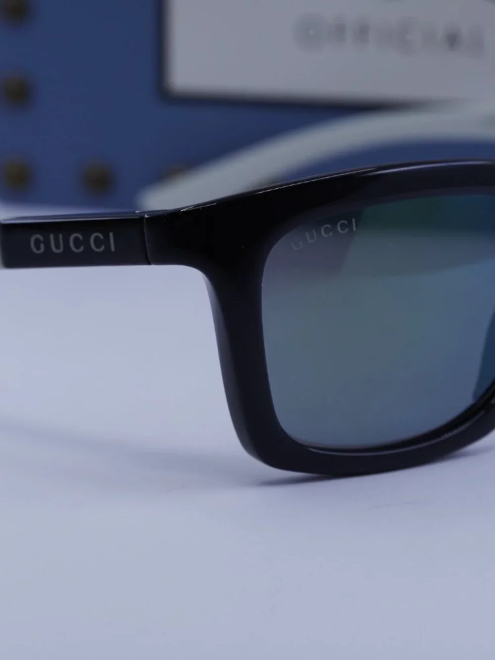 Gucci GG1735S 002 Rectangle Sunglasses - Black/White \ Blue Mirror